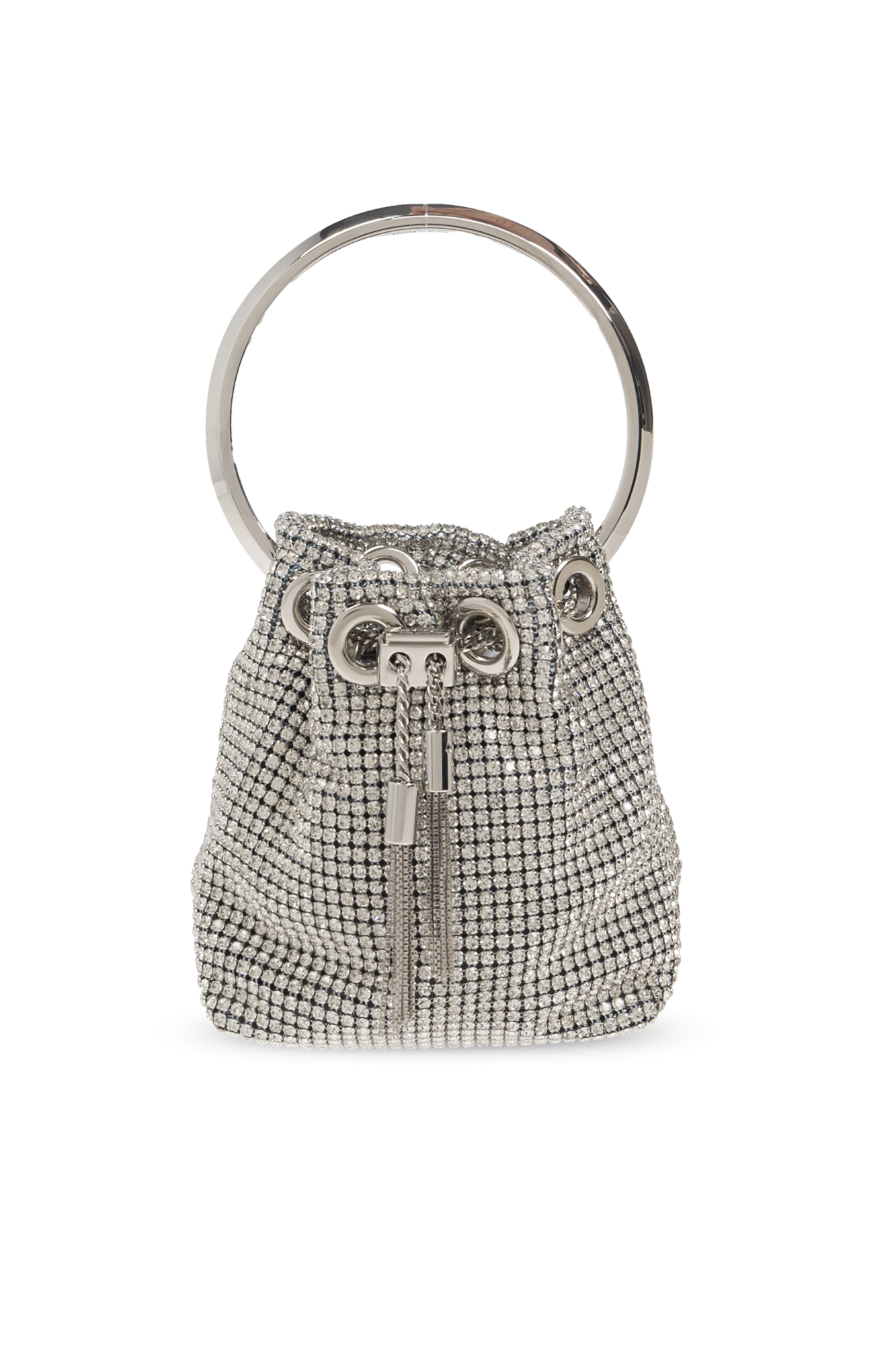 ハンドバッグ Jimmy Choo Silver Drawstring Bag With Circular Handle BON BON | Silver Mirror Fabric Mini Bag with Metal Handle